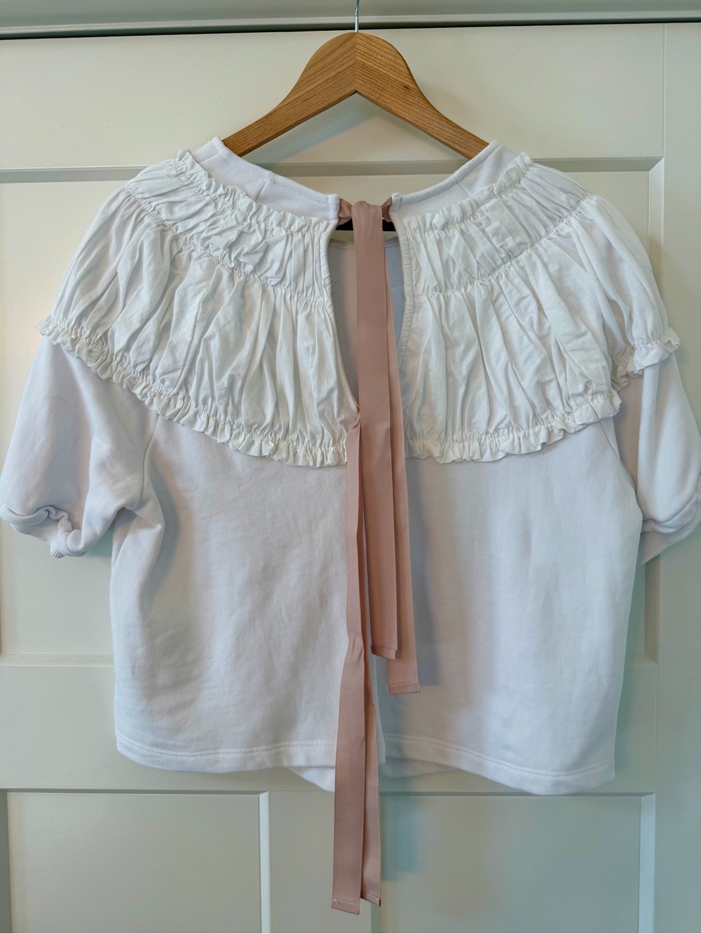 Anthropologie White Ruffle Back-Tie Top with Blush Ribbon - Picture 3 of 7